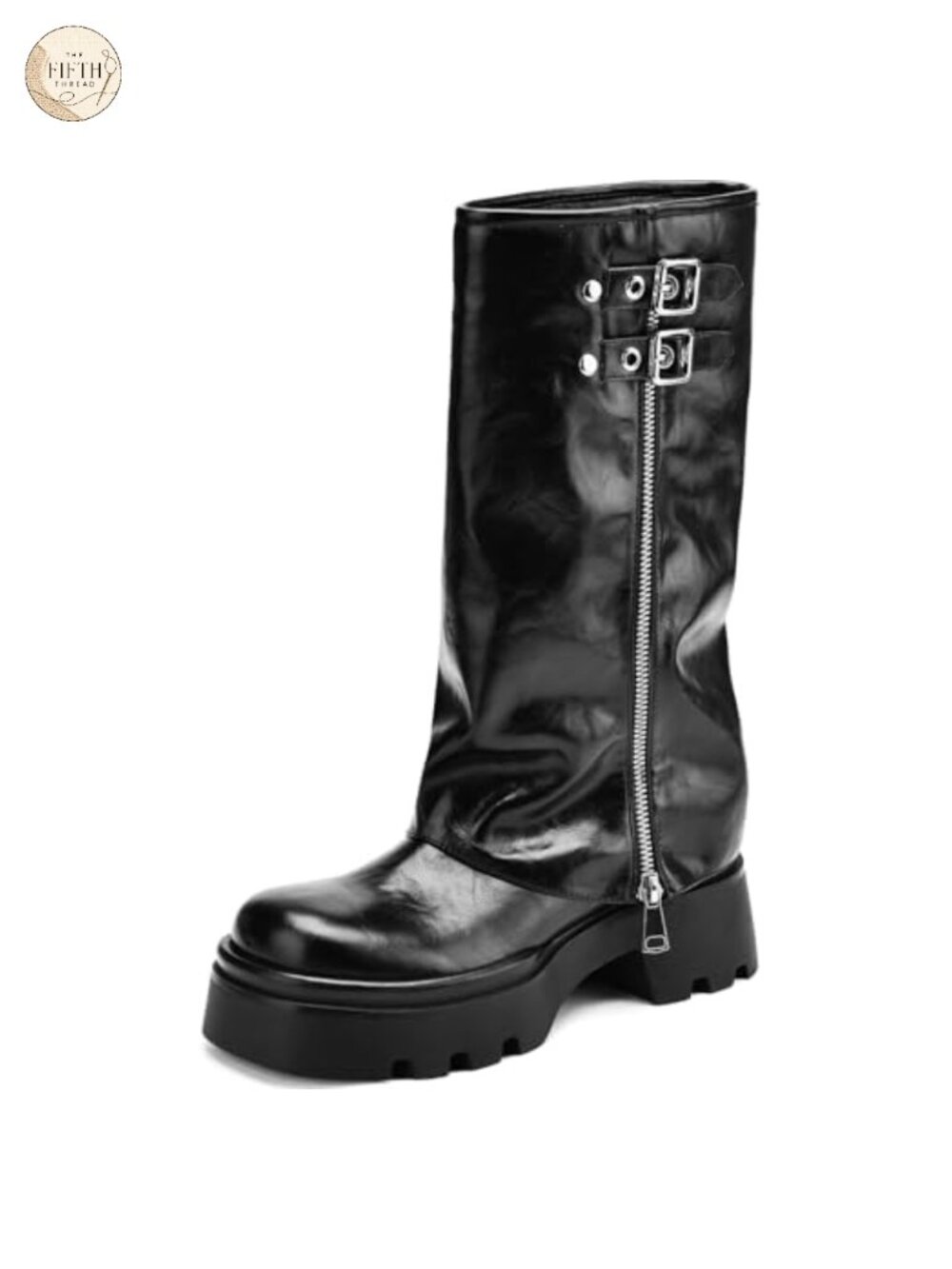 Women's Knee High Moto Riding Boots Fold Over Block Heel Faux Leather